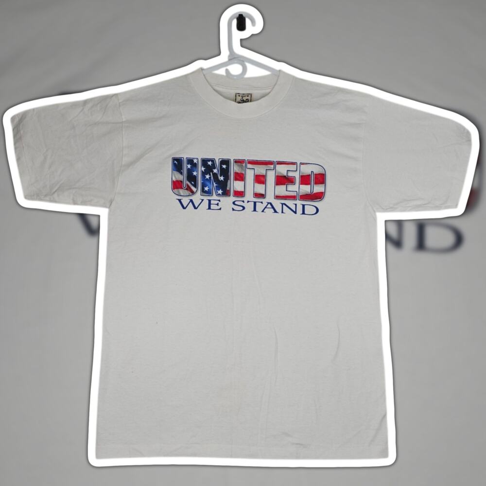 VTG 90s Alore United We Stand USA Flag T-Shirt Large White Single Stitch Promo